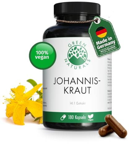 Johanniskraut Kapseln - Hochdosiert: 14:1 Extrakt (=5950mg reines Johanniskraut) - 2.55mg Hypericin - 180 Stück (3 Monate) - Green Naturals®