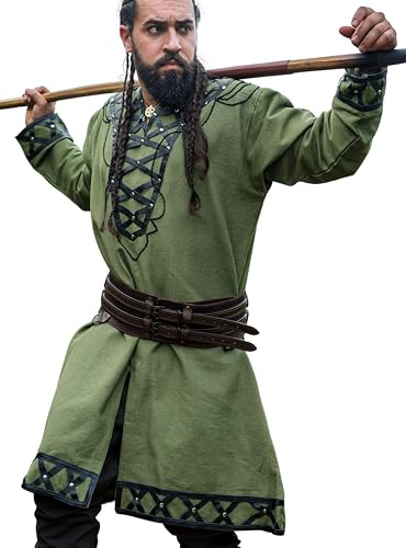 Leonardo Carbone Túnica vikinga Erik – Ropa medieval para hombre, camisas casuales de manga corta, disfraz de carnaval, túnica vikinga, ropa LARP – 100% algodón con aplicaciones de piel