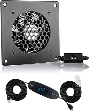 BRIEFCEC Ventilador USB de 80 mm, pantalla digital, control de temperatura, sistema de ventilador silencioso, ventilador de 5 V, con moderno marco de aluminio cepillado negro para armario AV de cine
