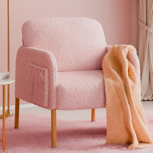 Mondeer Fauteuil de Salon, Fauteuil Confortable en Tissu Bouclette avec 2 Pochettes et Pieds Métal Style Scandinave, pour Salon Chambre, 63 x 75 x 75 cm, Rose