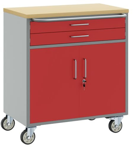 vidaXL Gabinete de Almacenamiento Móvil Industrial de Herramientas con 2 Cajones y Ruedas Cerrables Rojo Gris Duradero de Acero Cofre de Taller Solución Organizador Caja Rodante Organizador de Mecán
