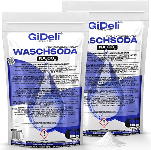 GiDeli Waschsoda 2x1kg - Soda i pulver för blekning och avfärgning - Rengöringsmedel för tvättmaskin och avloppsrengörare - Natriumkarbonat för vidbrända kastruller samt för rengöring av kakel