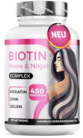 Biotin Hochdosiert Vitastrong mit Selen Zink, Keratin, Kupfer, Bambus, Vitamine für Haare, 450 Tabletten (15 Monate) Biotin Komplex Premium Ohne GVO, Bio Haare, Haut und Nägel mit Selen Hochdosiert