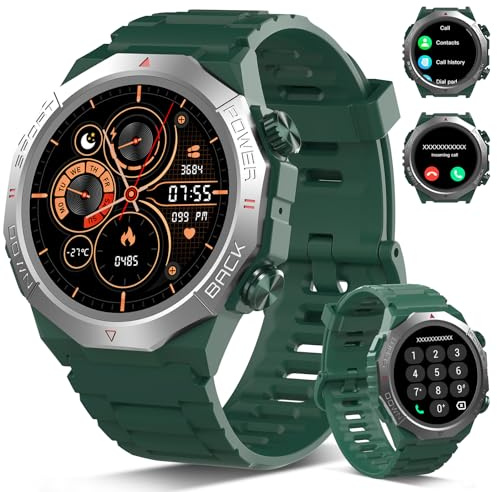 Militaire Montre Connectée Homme Femme avec Appel Bluetooth, 1.39 HD Smartwatch Motre Sport avec 110+ Modes Sportifs, Podometre Cardiofrequencemetre Sommeil, Etanche IP68 pour Android/iOS, Vert