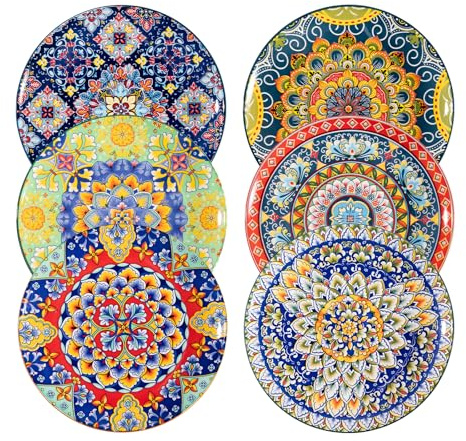 Sweejar Home Dinner Plates 10.5 Inch,Ceramic Large Plates Set of 6,Bohemian Style Colorful Plate Dishwasher and Microwave Safe Round Porcelain Dessert Plates for Kitchen