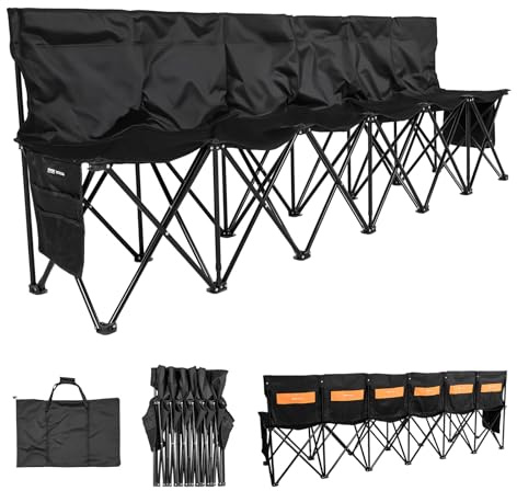 VEVOR Panca da Campeggio Pieghevole Portatile, per 6 Persone con Tasche Laterali, Borsa per il Trasporto, Tasca Posteriore, Panca Pieghevole con Schienale per Calcio, Baseball, Nero