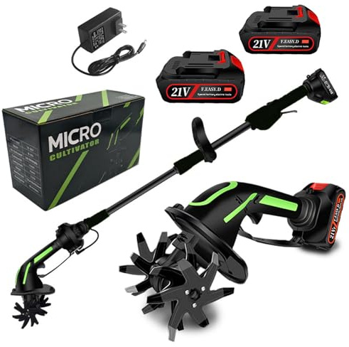 Motoazada Electrica Sin Cable, 21V 2 en 1 Motocultor Electrico, Anchura/Profundidad de Trabajo 10 cm, 235RPM Portátil Motoazada con Baterías para Huerto, Jardín, Cultura