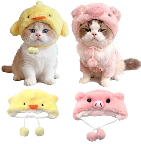 FOSDICK 2 Pcs Bonnet pour Chat Mignon Chapeau pour Chats Peluche Bonnet Deguisement pour Chat Jaune Poussin Rose Cochonnet Design Costume pour Petit Animaux de Compagnie Vêtement pour Chiens