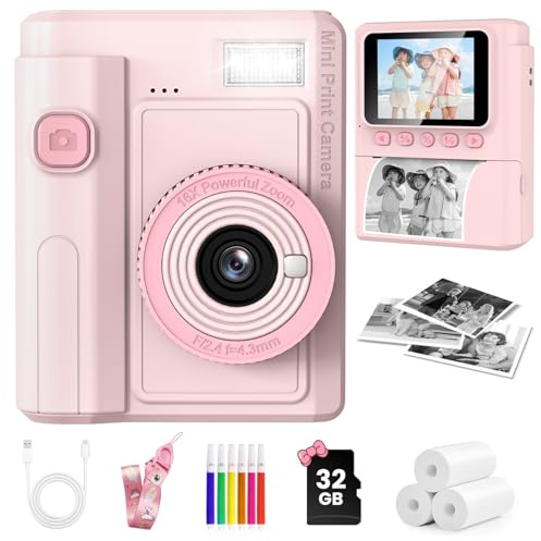 QIVORO Kids Camera Instant Print, 1080P Instant Digital Print Camera for Kids with 32GB Card & 3 Rolls Photo Paper. Christmas Birthday Gift Toys for Toddler Boys Girls Age 3-12（Pink）