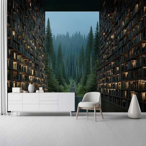 Papel Tapiz Fotográfico Fantasía Biblioteca Bosque - 200 x 140 cm Papel Pintado Panorámico para Salón Oficina Decoración, Oscuro Papel Pintado no tejido Murales Decoración De Pared