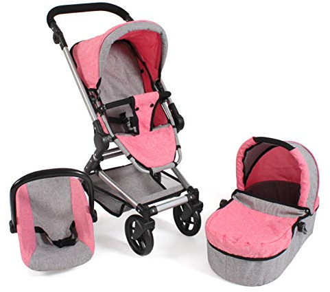 Bayer Chic 2000 - Puppenwagen Fides, 3in1 Puppenwagen-Set bestehend aus Babywanne, Sportsitz und Autositz, Melange grau-pink