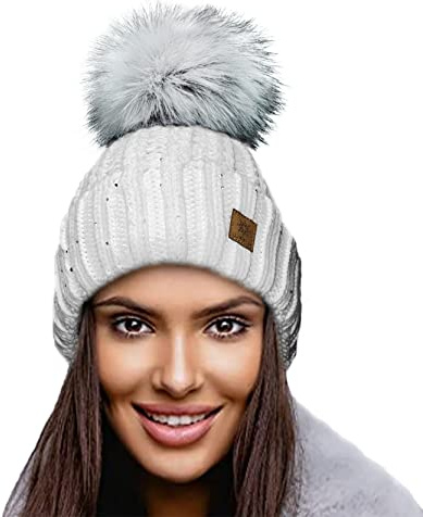 4sold Gorra de Invierno para Mujer con Pompon Grande y Diseño de Nieve, Lavable, Blanco