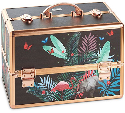 Beautify Make Up Vanity Case, Travel Jungle Print 3 Tier Makeup Box w/Extendable Trays, Spacious Storage & Removable Dividers to Create Compartments, Lockable Makeup Vanity Case for Professionals