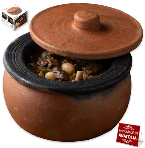 Hakan Efes Clay Cooking Pot with Lid, MIDI 2.9 Quarts Clay Pots for Cooking, Earthenware Rice Pots, UNGLAZED Traditional Casserole for STOVE Top, Portuguese Terracotta Roaster, 94.7 oz (2.8 L)