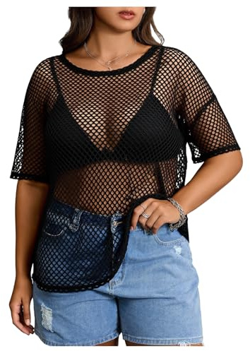 MakeMeChic Women's Plus Size Concert Outfits Fishnet Tops Black Rhinestone Sheer Short Sleeve Summer Tops Black Fishnet Large Plus