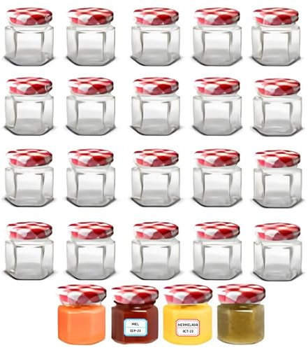 Awiku 24 Tarros Pequeños de Cristal Hexagonales con Tapa Hermética de 45ml - Tarritos para miel, mermelada - Frascos Pequeños - Tarritos de Vidrio Resistentes y Estancos - Incluye Etiquetas