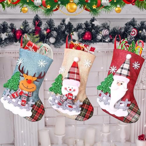 Udbrud Calze Natalizie da Appendere, 3 Pezzi Camino Calza di Natale Calze Regalo di Natale con Motivo Babbo Natale, Pupazzo di Neve e Alce per Albero di Natale Festa di Natale Decorazioni