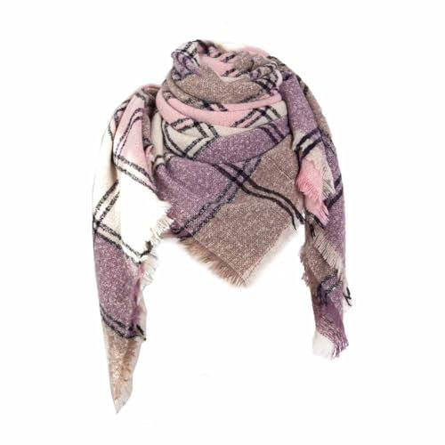 SHTGOI Winterschal Kariert Dreieckstuch Streifenschal Wolle Strickschal Wickelschal mit Fransen Weich Warm Lange Damenchals Halstücher Dick Deckenschal Poncho für Herbst Winter SJ5 Lila