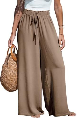 CUPSHE Women Trousers Drawstring Wide Leg High Waist Casual Beach Lightweight Summer Trousers Coffee M