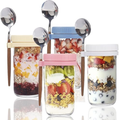 TempFoo 4 Pack Overnight Oats Jar Container, 600ml Breakfast Pots with Lids and Spoon, Cereal Milk Vegetable Fruit Salad Jam Protein Porridge Clear Storage Glass Mason Jars