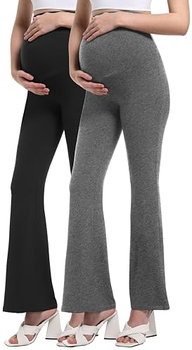 Foucome 2 Pack Maternity Flared Leggings Over Bump, Black/Grey, XL