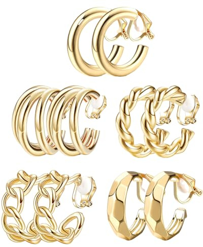 KGDUYC 5 Paare Gold Ohrclips für Damen - Gold Chunky Creolen Set Clip Ohrringe Ohne Ohrlöcher Hypoallergen Modeschmuck Geschenk,Geeignet für Partys, Abschlussfeiern usw