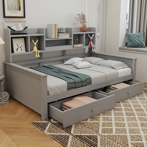 Cama individual de 90 x 200 cm, sofá cama con cajones y estantes, somier, cama infantil, cama juvenil, cama de madera maciza sin colchón (gris)