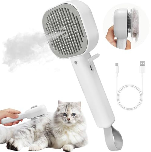 Katzenbürste mit Dampf, 4 in 1 Dampfbürste Katze, katzenkamm Cat Massage Brush, Universal Haustier Bürste mit Auslöseknopf, Katzenhaarbürste zum Entfernen von Losem Fell