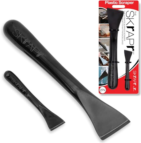 THE SKrAPr Plastic Scraper Tool, 2 Pack, Non-Scratch, 1.7 Inch Wide Blade, Long Ergonomic Handle, Heat Resistant (460F), Dishwasher Safe - Clean Ovens, Countertops, Hard Floors, Walls, and Windows