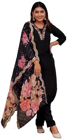 Yashika Pantaloni da donna con cuciture in misto cotone con stampa e ricami | Set Kurta | Kurti per donna, nero, XXL