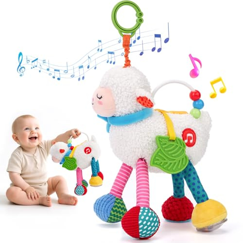 hahaland Jouet Sensoriel Bebe 0-3 6 Mois - Jouet Poussette Bebe mit 4 Musique, Peluche Hochet Bebe Anneau de Dentition & Miroir, Montessori Cadeau Naissance Fille Garcon 0 3 6 12 Mois