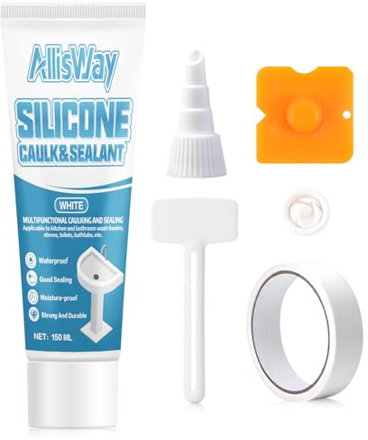AllisWay Silicona Blanca, Silicona Baño, Sellador Impermeable para Cocina y Baño, silicona Anticalorica Sellador, Buen Sellado, Contiene un Conjunto Completo de Herramientas,150ml