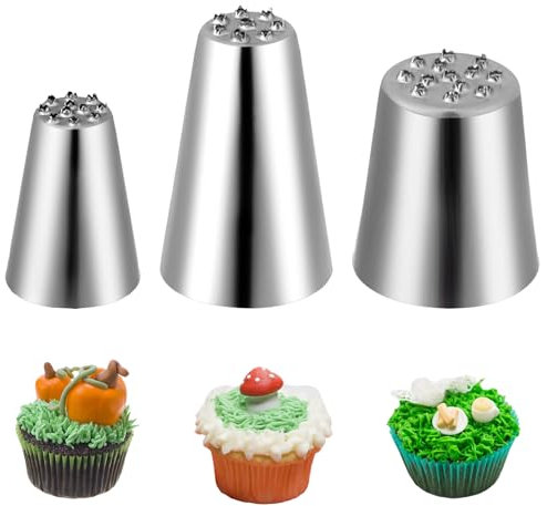 BOHUIZ 3 Pcs Grass Piping Nozzles Set, Stainless Steel Cake Piping Tips Grass Icing Nozzles Multi Opening Grass Piping Tip for Cake Decorating Cookie Cream DIY Baking (M24, 233, 234)