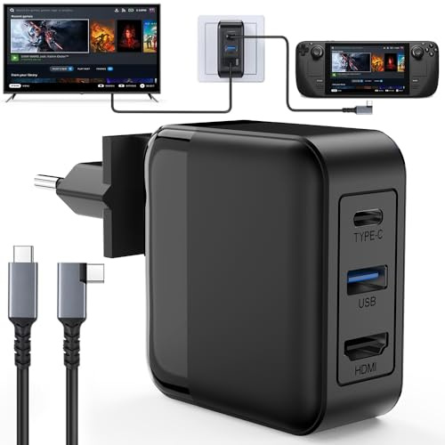 65W USB C Hub Ladegerät für Steam Deck Adapter 4K 60Hz HDMI, USB 3.0, GaN PD Schnellladeanschluss, 3 in 1 TV Modus Adapter für Steam Deck Dock/ROG Xbox Ally/iPad/Galaxy/Tablet/MacBook Portable Travel