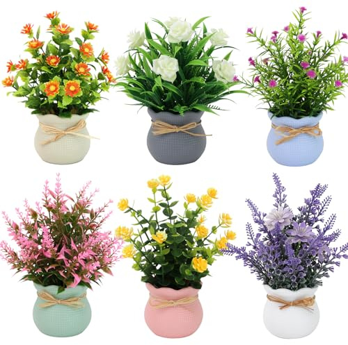 Yoratee 6PCS Artificial Flowers Pot Small Fake Plants with Mini Potted Plants for Home Office Tabletop Centerpiece Decoration