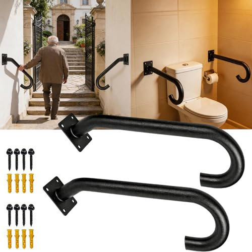 Juego de 2 Pasamanos de Metal Negro, Barandilla Curva de Pared Antideslizante para Escaleras, Jardín, Baño, Interior y Exterior