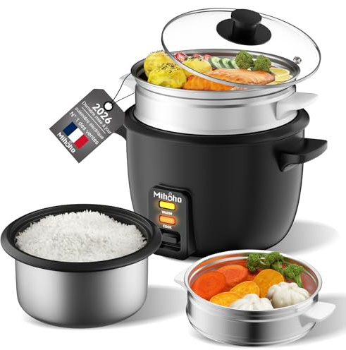 Cuiseur à riz, cuiseur à riz 1 L avec cuiseur vapeur, avec cuve intérieure antiadhésive pour préparer des soupes,des ragoûts,des céréales,des céréales,Conservation de la chaleur (noir K)