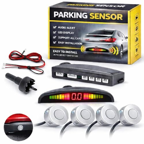 CAR PASSION Kit Sensori di Parcheggio Auto Universali - Sistema Assistenza Retromarcia con Ultrasuoni, Display LCD e Avviso Acustico - Facile Installazione (Argento)