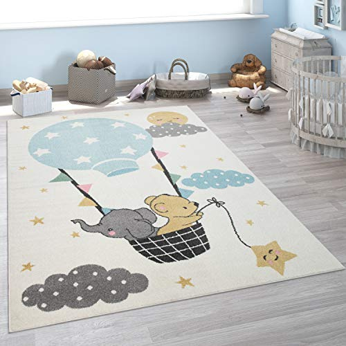 Paco Home Alfombra Pelo Corto Habitación Infantil, Elefante, Oso, Globo, Luna, En Beige, tamaño:120x160 cm