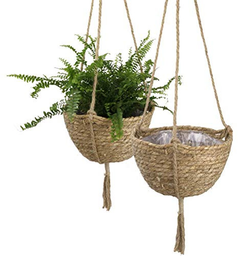 Ayaaa Hängeampel Blumenampel Seegras Korb Wandbehang Pflanzer Korb Abdeckung für Blumentopf, Stroh hängender Aufbewahrungskorb