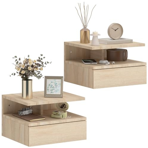 HOMCOM Lot de 2 Tables de Chevet Murales Moderne 35x32 x22,5cm Chêne