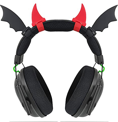RUKUHOT Halloween Black Bat Wings + Red Devil Horns Headphone Attachment, Bat Devil Horns Headband Headset Decor, Cosplay Props Bat Wing for Halloween Christmas Party Dress Up Accessories