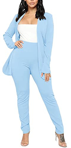 Aro Lora Women's 2 Piece Outfit Casual Solid Open Front Blazer and Pencil Pant Suits Set Medium Sky Blue