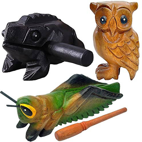 GOGHOST 3 Pcs Handmade Wooden Guiro Animal Set (Medium), 4 Inch Wooden Frog, 4 Inch Wooden Cricket, and 3.5 Inch Wooden Owl Whistle, Guerrero Percussion Instruments Artistic Craft