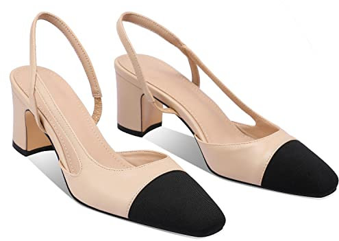 LauraVicci Slingback-Pumps mit Absatz, zweifarbig, Spleißen, geschlossene runde Zehenpartie, klobige Blockabsätze, Sandalen, zum Hineinschlüpfen, Büro, Party, Mode, Hautfarben, 40 EU