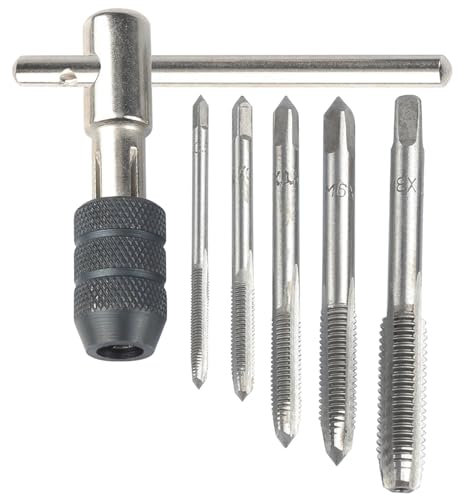 Treki Adjustable T Handle Tap Wrench Set, T-Handle Tap Chuck Holder Wrench with 5pcs Hss Metric Thread Plug Taps M3, M4, M5, M6, M8 Machine Screw Threading Tap Drill Bits for Metal Plastic Wood