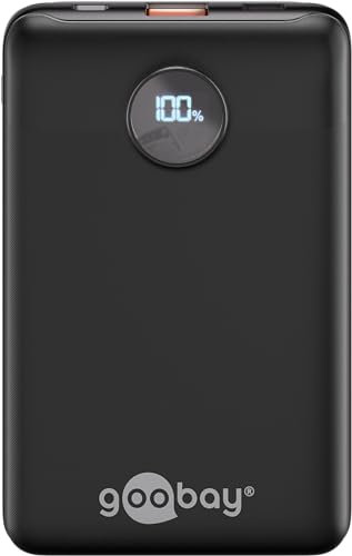 goobay Powerbank kompakt 10.000 mAh, externes Ladegerät, Power Bank geeignet für Smartphone, Kopfhörer, Tablet, Zwei Geräte gleichzeitig Laden/inkl. Ladekabel, Schwarz, 65868