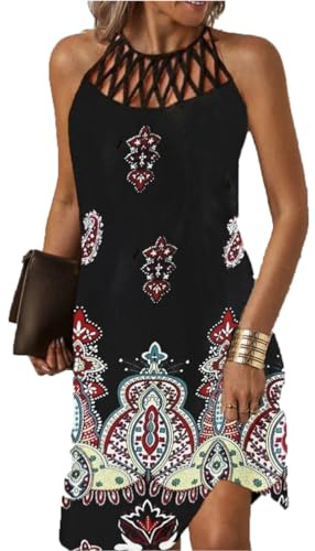 GRMLRPT Vestidos para Mujer sin Mangas Boho Vestido de Verano Estilo étnico Elegante Malla Impresa Vestidos Retro Cuello Halter Vestido de Ocio Vestidos de Playa Mujeres(Negro-2,S)