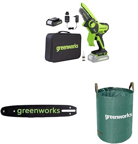 Greenworks 24V Mini Motosierra 10cm Motosierra a batería sin cable alimentada por una batería de 2Ah + barra de la motosierra 2954807 + Bolsa de residuos de jardín 120l