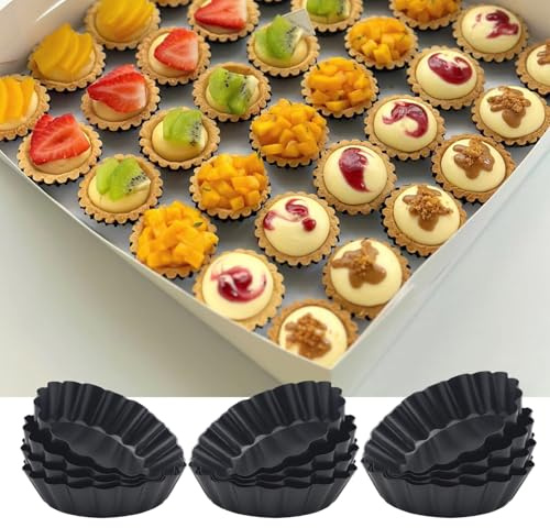 Yamteck 3 Inch Mini Quiche Pans 12 Pack, Round Egg Tart Molds with Removable Bottom. Small Tart Pans w/Non-Stick Coating Rugged Carbon Steel for Tartlets Shells Desert Making Christmas Festival Party